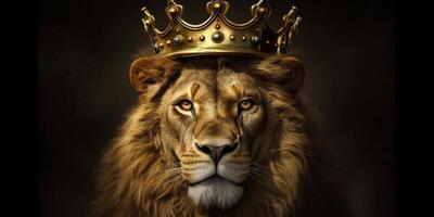 Lion Roi dans une d'or couronne sur une foncé Contexte avec ai généré. photo