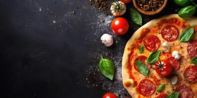 Pizza avec mozzarella, tomates sur noir Contexte. vide espace. généré ai. photo