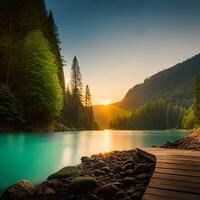 magnifique vue de le Lac entre le collines. généré ai. photo