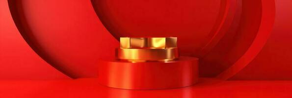 rouge moderne style un podium produit vitrine avec d'or bague Cadre Japonais style modèle Contexte. une luxe étape pour produit publicité. photo