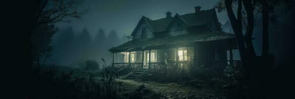 terrifiant vieux maison dans noir et blanc caché dans le forêt avec une plein lune Contexte. vieux mystique bâtiment dans mort arbre forêt. horreur Halloween concept. photo