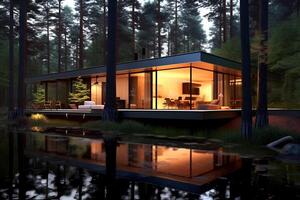 ai généré moderne éco maison dans minimaliste conception avec sport voiture dans de face de il et situé dans le forêt photo