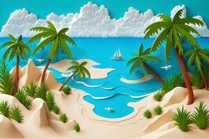 ai généré magnifique solitaire tropical plage, beaucoup vert végétaux, palmiers, bleu mer, bleu ciel, blanc des nuages, blanc sable, papier Couper style, bannière photo