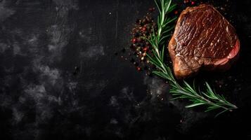 steak sur une foncé en bois base avec épices. ai généré illustration photo