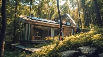 moderne petit maison avec solaire panneaux dans le forêt. ai généré illustration photo