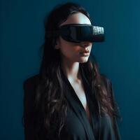 une femme portant une virtuel réalité casque. ai généré illustration. photo