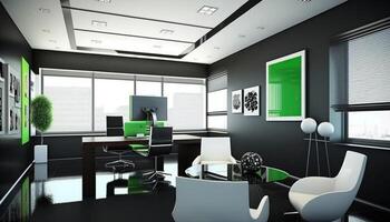 une image pris de le Bureau de moderne avec vert accent. génératif ai. photo