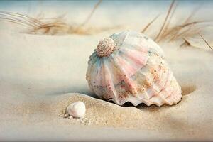 là est une coquille et petit blanc Balle sur le sable. génératif ai. photo