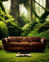 marron cuir canapé séance sur Haut de une luxuriant vert champ. génératif ai. photo