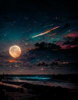 plage à nuit avec une plein lune dans le ciel. génératif ai. photo