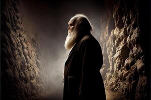 homme avec une longue blanc barbe permanent dans une grotte. génératif ai. photo