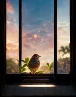 oiseau séance sur Haut de une fenêtre seuil. génératif ai. photo