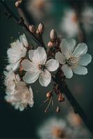 proche en haut de certains blanc fleurs sur une arbre. génératif ai. photo