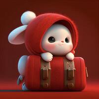 blanc lapin séance sur Haut de une rouge valise. génératif ai. photo