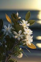 bouquet de blanc fleurs séance sur Haut de une arbre. génératif ai. photo