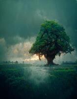 grand arbre séance sur Haut de une luxuriant vert champ. génératif ai. photo