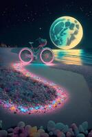 vélo sur une plage avec une plein lune dans le Contexte. génératif ai. photo