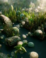 bouquet de rochers séance sur Haut de une corps de l'eau. génératif ai. photo