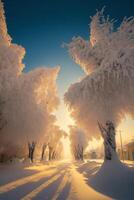 le Soleil est brillant par le des arbres dans le neige. génératif ai. photo