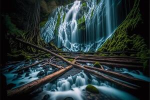 cascade écoulement par une luxuriant vert forêt. génératif ai. photo