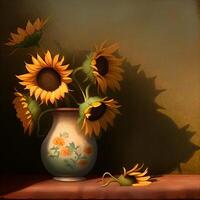 La peinture de tournesols dans une vase sur une tableau. génératif ai. photo