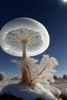 champignon séance sur Haut de une neige couvert sol. génératif ai. photo