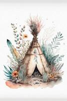 aquarelle La peinture de une tipi entouré par les plantes. génératif ai. photo