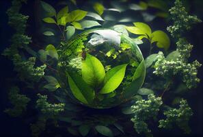 l'eau laissez tomber dans Terre forme avec vert feuilles dans le jungle. monde environnement journée et monde l'eau journée concept. environnement protection thème. génératif ai photo