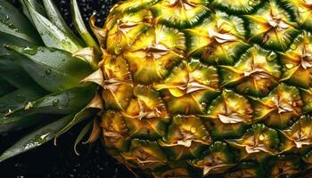 proche en haut de nettoyer Ananas avec l'eau laissez tomber dans foncé noir Contexte. Frais fruit et légume concept. nutrition et vitamine thème. génératif ai photo