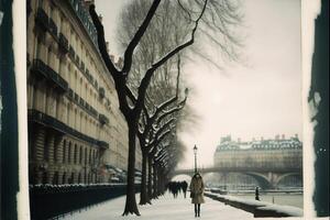 la personne en marchant vers le bas une neige couvert trottoir. génératif ai. photo