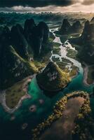 un aérien vue de une rivière entouré par montagnes. génératif ai. photo