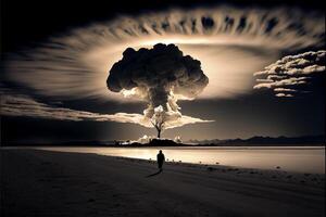 la personne permanent sur une plage dans de face de une énorme champignon nuage. génératif ai. photo