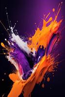 éclaboussure de Orange et violet peindre sur une noir Contexte. génératif ai. photo