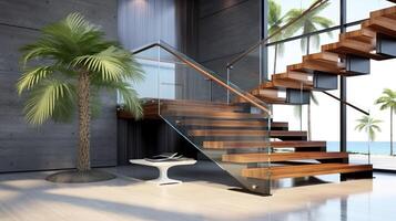intérieur de moderne escalier conception, élégant l forme bois cantilever escaliers, granit base. ai généré. photo