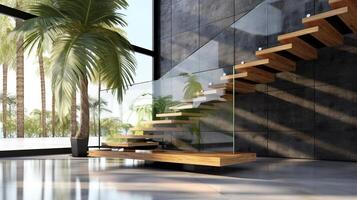 intérieur de moderne escalier conception, élégant l forme bois cantilever escaliers, granit base. ai généré. photo