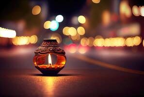 diya lampe avec bokeh lumière à le centre ville rue dans diwali festival. génératif ai photo
