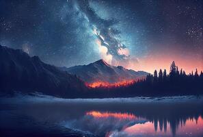étoilé nuit paysage avec Montagne et laiteux façon ciel Contexte. beauté dans la nature et astrologie science concept. numérique art fantaisie illustration. génératif ai photo