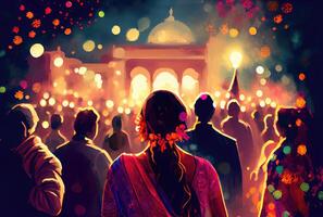Indien foule gens dans le diwali le Festival de lumières dans le nuit avec bougie lumières feux d'artifice et mosquée Contexte. génératif ai photo