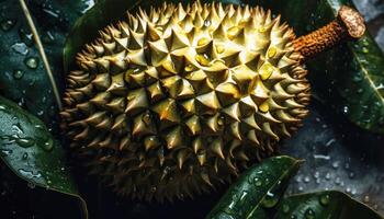 proche en haut de durians dans foncé noir Contexte. Frais fruit et légume concept. nutrition et vitamine thème. génératif ai photo