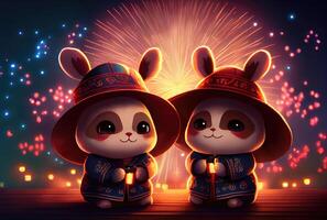 mignonne lapins couple dans chinois tenues vêtements célébrer chinois Nouveau année avec coloré feux d'artifice Contexte. génératif ai photo