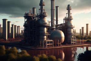 pétrole raffinerie industriel plante avec la nature et ciel Contexte. affaires et industrie concept. numérique art illustration. génératif ai photo