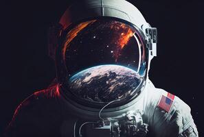 portrait de astronaute avec coloré galaxie dans le espace. science et La technologie concept. bleu Terre thème. génératif ai photo