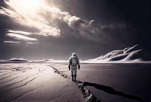 retour vue de astronaute avec lune dans le extérieur espace Contexte. gens et science La technologie concept. numérique art illustration thème. génératif ai photo