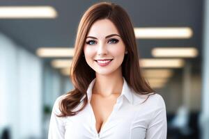 Jeune souriant femme d'affaires, permanent dans brouiller Contexte de bureau. génératif ai photo