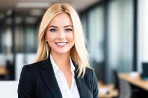 Jeune souriant femme d'affaires, permanent dans brouiller Contexte de bureau. génératif ai photo