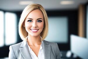 Jeune souriant femme d'affaires, permanent dans brouiller Contexte de bureau. génératif ai photo