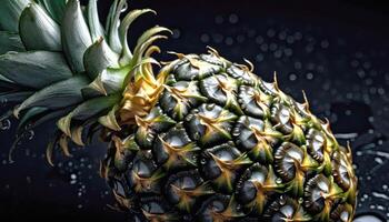 proche en haut de nettoyer Ananas avec l'eau laissez tomber dans foncé noir Contexte. Frais fruit et légume concept. nutrition et vitamine thème. génératif ai photo