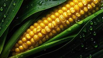 proche en haut de nettoyer blé avec l'eau laissez tomber dans foncé noir Contexte. Frais fruit et légume concept. nutrition et vitamine thème. génératif ai photo