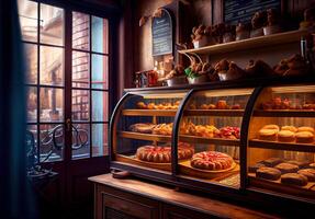 confortable vitrine dans boulangerie magasin. ai généré photo