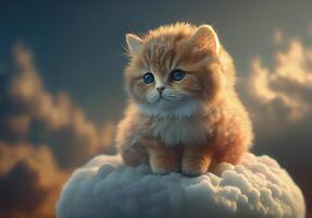 chaton est assis sur une nuage dans le ciel. ai généré photo